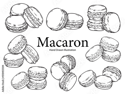Set of hand drawn outline drawing Macarons food illustration