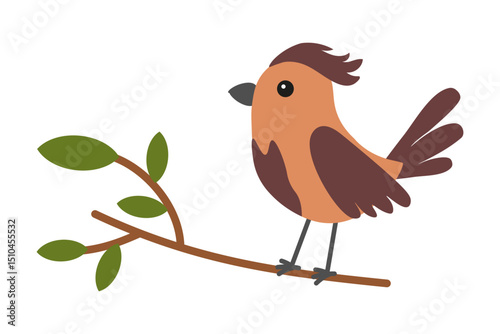 Colorful bird perched on a branch surrounded by vibrant green leaves in a simplistic design. Vector illustration in flat style.