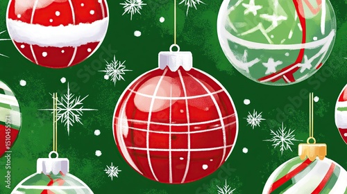 Red green Christmas ornaments pattern, winter snow background, holiday card design