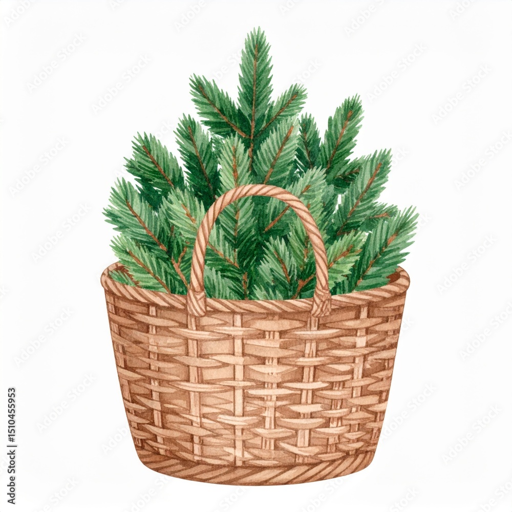 Obraz premium Watercolor Painting of Fir Branches in a Brown Basket