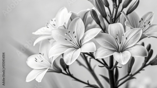 A cluster of blooming lilies in black and white, displaying delicate petals and intricate details.