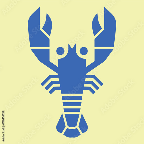Minimalist Blue Lobster Vector Icon on Pale Yellow Background – Modern Sea Life Graphic, Flat Design Illustration of Crustacean with Symmetry, Perfect for Seafood Branding and Coastal Decor