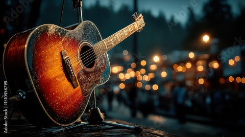 Acoustic guitar with stunning sunburst finish on stand, transitioning from deep red-brown edges to warm orange center, adorned with intricate pickguard designs, glistening water droplets from recent r photo
