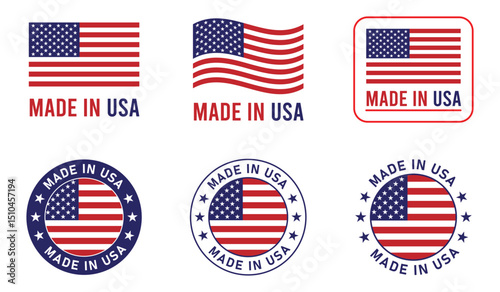 Made in USA label set. Big set of label, stickers, pointer, badge, symbol. Made in USA stamp with American flag icon on design. vector illustration. photo