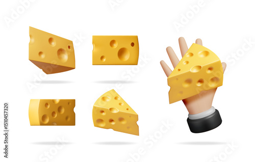 Set of 3d delicious swiss cheese blocks and slices with a hand holding one. Food illustration for dairy product and recipe concept.