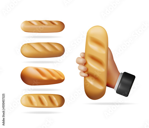 A man holding a delicious baguette in his hand, with other fresh loaves of bread floating next to him, concept of bakery or food