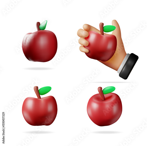 3d illustration set of red apple. Fresh and ripe fruit element. Healthy food, nutrition, and natural farming concept.