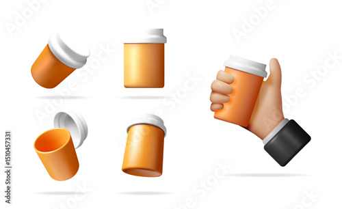 Set of realistic 3D renderings of medicine bottle. Empty orange container for drug on white background with human hand. Medical concept.