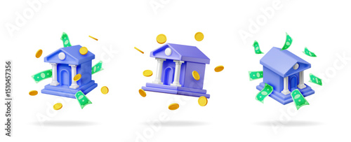 Three 3d stock vector illustration sets of bank building icons with flying money and coin. Financial investment and deposit concept for business.