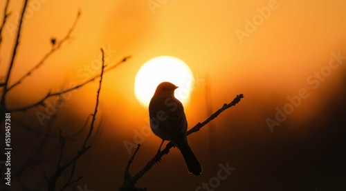 Silhouette of bird on branch against setting sun, natural scene