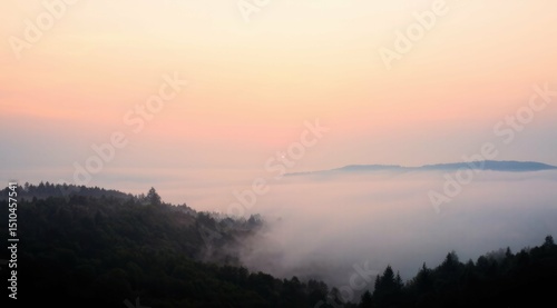 Misty sunrise over forested hills at dawn, soft morning light