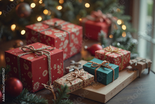 Beautifully wrapped Christmas gifts sit under a twinkling tree, radiating festive cheer and warmth.