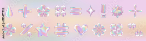 3d holographic retro 90 icons set. Pink Chrome Heart, Hashtag, Percent, Star, Daisy Flowers, abstract shapes on gradient background. Future galaxy aesthetic, 3D chrome bubble art. Metal glossy sticker