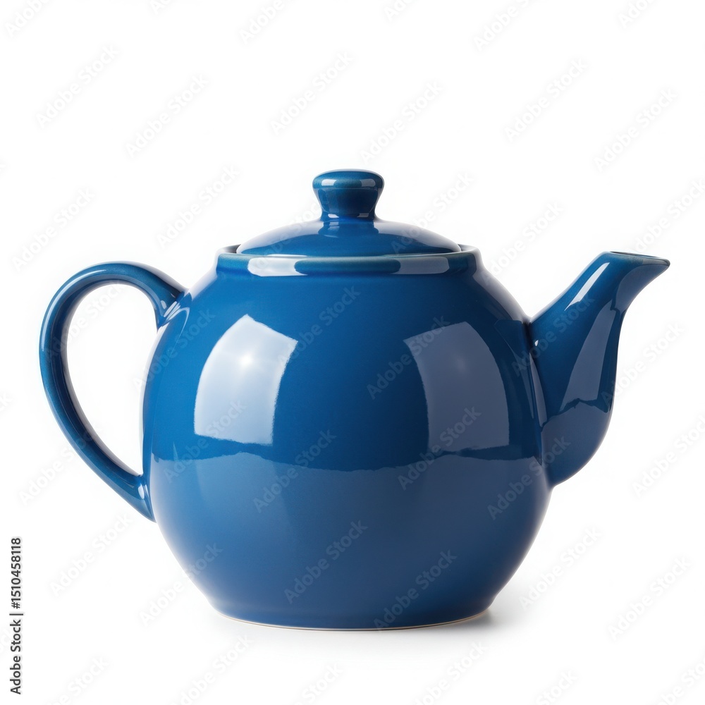 Fototapeta premium Isolated blue ceramic teapot with a lid and handle on a white background view