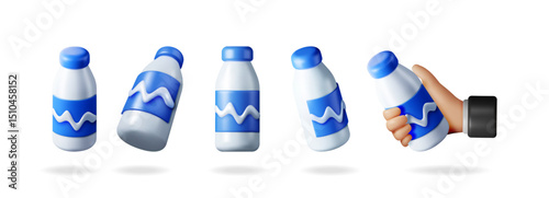 Collection of 3d yogurt bottle icons with man hand holding one. Minimalist render with milk product packaging concept for dairy food.