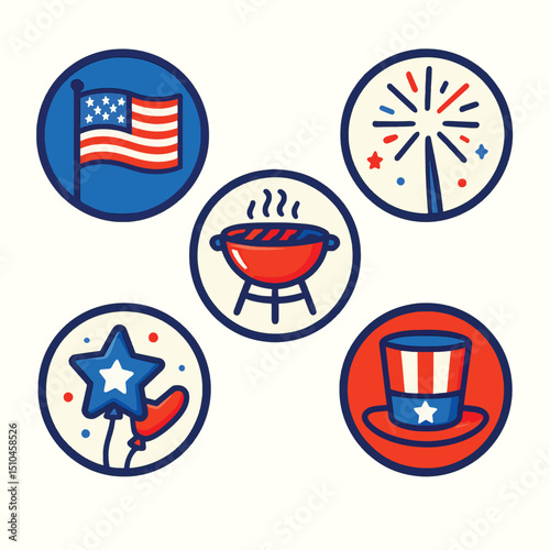 Patriotic Icons Representing Fourth of July Celebration in Red, White, and Blue