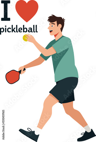 Flat vector illustration of a man preparing to serve a pickleball with a red paddle, next to the phrase "I love pickleball"