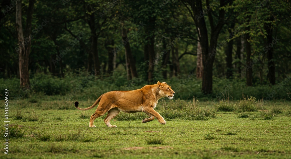 A majestic lioness gracefully strides across a verdant meadow, a dark forest forming a serene backdrop A majestic lioness gracefully strides across a verdant meadow, a dark forest forming a serene backdrop