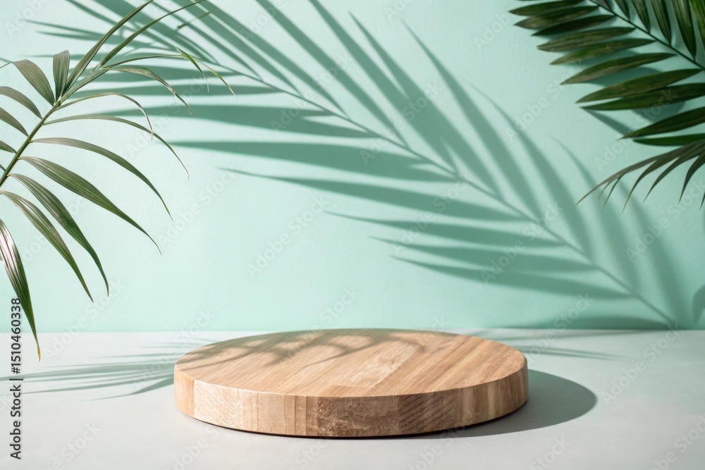 Obraz premium Elegant Wooden Round Base with Palm Leaf Shadow Overlay