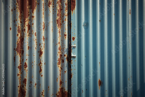 Rustic corrugated metal wall with patches of rust and peeling paint.  A blend of weathered blue and rusty brown tones.