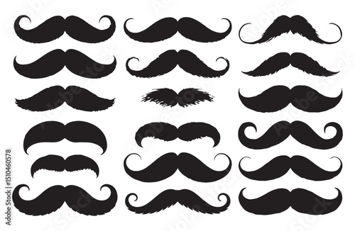 Collection of black mustache icons arranged in a grid on a white background.
