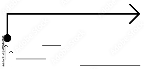 Forward-pointing black arrow connected to a filled circle with additional lines and upward arrows. Ideal for growth, progress, strategy, ambition, movement, leadership, simplicity. Flat simple