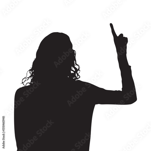Silhouette of a person with curly hair pointing upwards on a white background. Isolated figure.