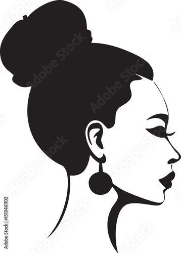 Silhouette of Elegance: A sleek monochrome depiction of a woman, her profile showcasing a neatly styled bun and exquisite jewelry, embodying classic beauty and poise.