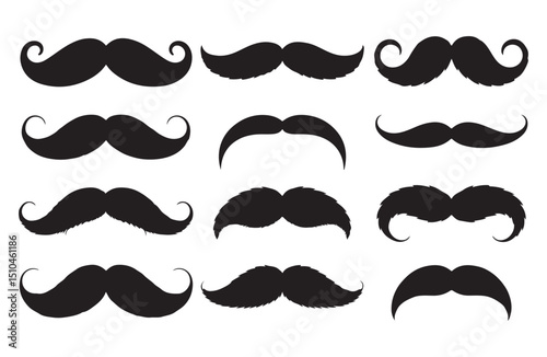 Collection of black mustache icons in various styles for facial hair graphics.