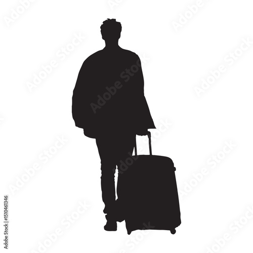 Silhouette of a traveler pulling a suitcase, hinting at journeys, arrivals, and departures.