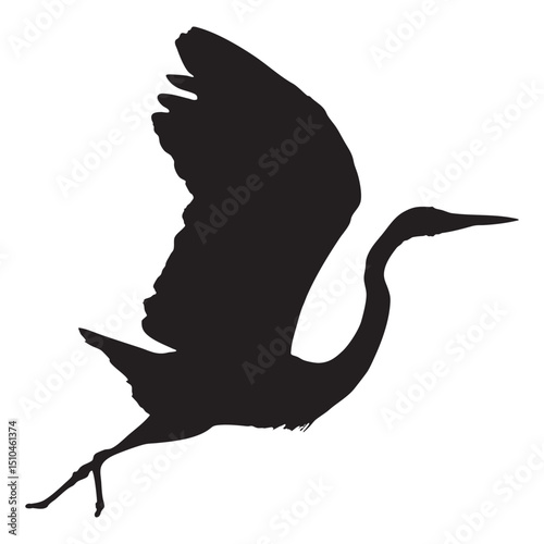 Silhouette of a heron in flight, wings outstretched against a white background, graceful bird.