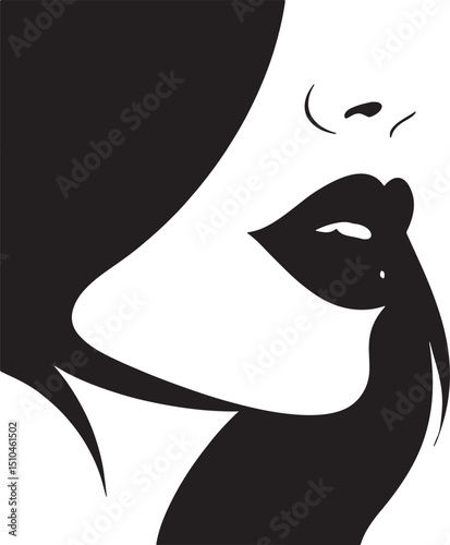 Elegant Silhouette: A striking minimalist illustration, highlighting the delicate contours of a woman's face, her expressive lips drawing attention and conveying an aura of enigmatic charm. 