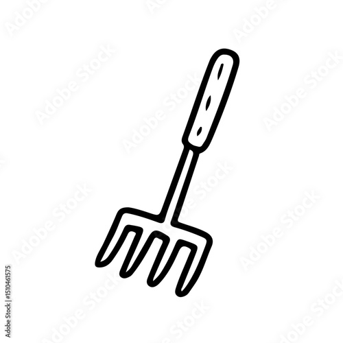 Hand-drawn garden fork vector illustration, perfect for agricultural, gardening, and outdoor themes. Minimalist black and white design ideal for website, print, and educational materials.