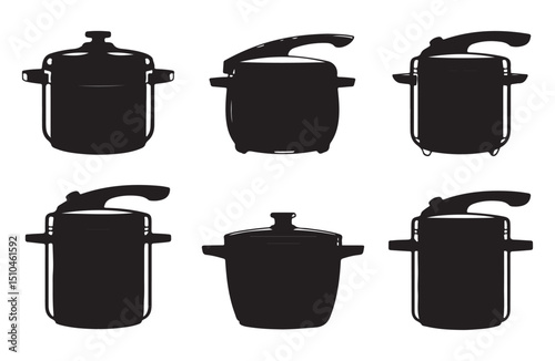 Black cooking pot icons with lids for culinary and kitchen projects.