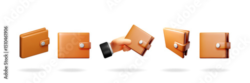 Set of 3d brown wallets and a human hand holding one. Digital illustration for finance, budget, savings, and payment concept.