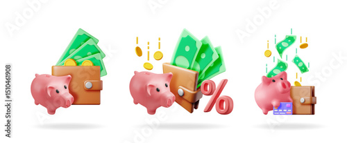 Three 3d piggy bank concepts with wallets and money, for financial savings and investment growth.