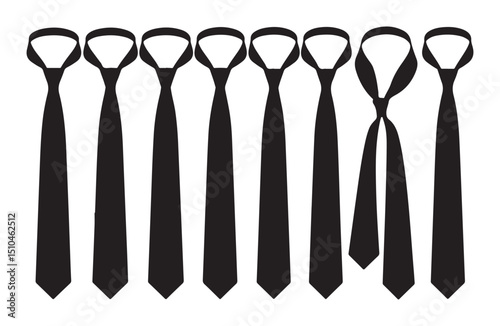  Collection of black formal neckties arranged in a row on a white background.