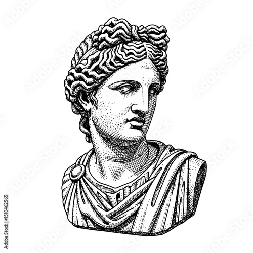 Monochrome drawing of a classical female bust sculpture isolated on white background, showcasing ancient Greek and Roman art with intricate details and elegant design
