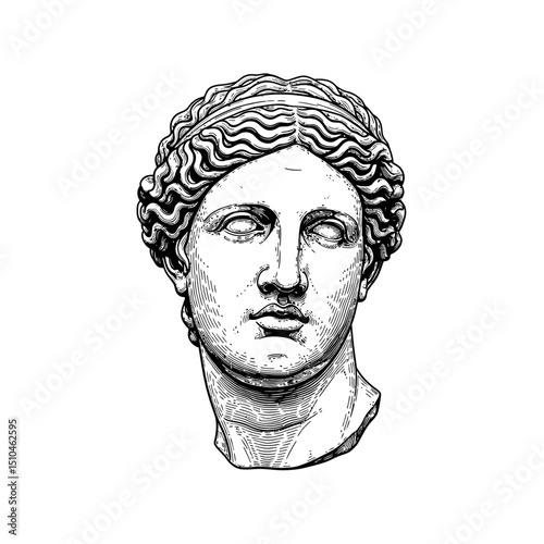 Elegant engraving of a classical female statue bust isolated on white background, showcasing ancient Greek or Roman sculpture art with intricate details and fine lines