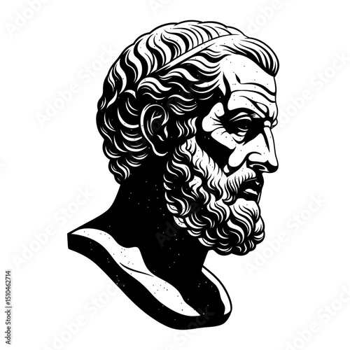 Monochrome bust sculpture of a bearded man isolated on white background, evoking ancient Greek and Roman art, history, and classical culture in a marble statue