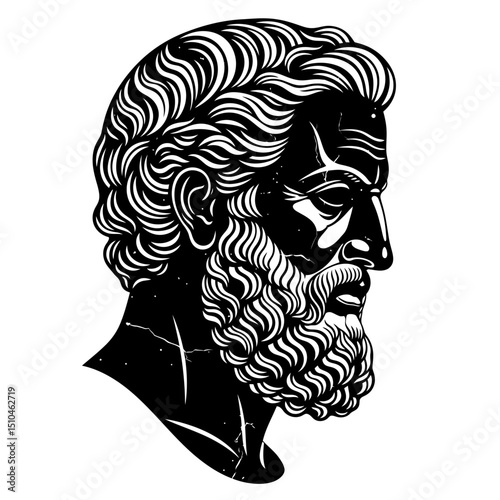 Monochrome illustration of a bearded man's head sculpture isolated on white background in a classical style, reminiscent of ancient Greek and Roman art