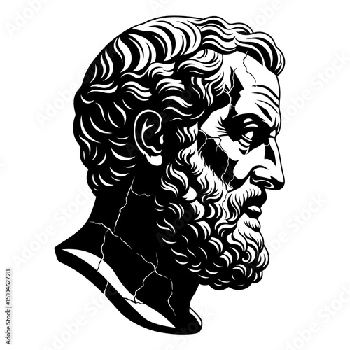 Monochrome vector illustration of a cracked stone bust of a bearded man isolated on white background, depicting a classical sculpture in a vintage style with artistic details
