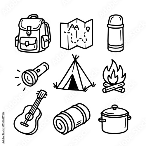 Vector illustration of camping essentials: backpack, map, thermos, flashlight, tent, campfire, guitar, sleeping bag, and pot. Perfect for outdoor adventure themes and travel designs.