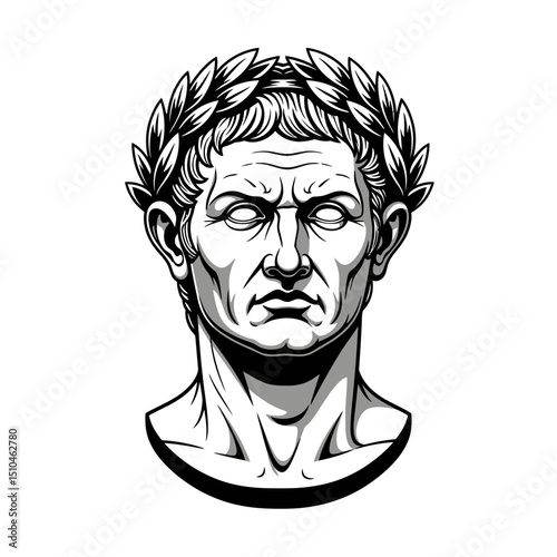 Illustration of julius caesar bust with laurel wreath isolated on white background, a roman emperor and historical figure in black and white vector art