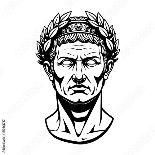 Caesar bust sculpture isolated on white background with laurel wreath, a monochrome portrait of the roman emperor in classical art style, vector illustration