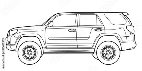 Classic luxury suv car. Crossover car front view shot. Outline doodle vector illustration. Design for print, coloring book.