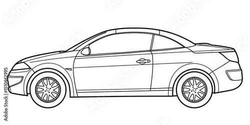 City coupe convertible sport car. Style of 90s, 00s. Different five view shot - front, rear, side and 3d. Outline doodle vector illustration