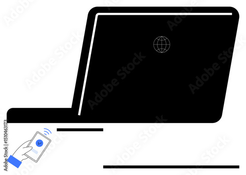 Shadowed laptop featuring internet globe, hand holding smartphone emitting wireless signal. Ideal for technology, communication, networking, remote work, mobile connection, wireless internet