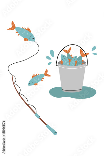 Fishing with enthusiasm at a tranquil lake as colorful fish are caught and collected in a bucket. Vector illustration in flat style.