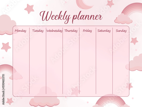 Pink weekly planner for girls with sky elements Clouds stars moon